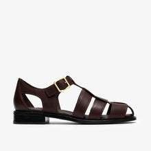 Load image into Gallery viewer, Brown sandal with a gold buckle on a white background