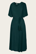 Load image into Gallery viewer, A dark green midi dress with a draped cowl neckline, short flutter sleeves, a matching fabric tie belt, and tassel details, shown against a plain light background.