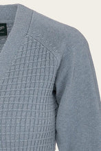 Load image into Gallery viewer, Close-up of a textured blue sweater on a light background