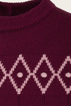Load image into Gallery viewer, Close-up of a ribbed knit sweater in deep burgundy with a light pink diamond and dot pattern across the chest.