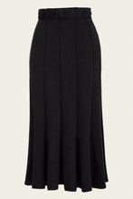 Load image into Gallery viewer, A black high-waisted pleated skirt with a matching self-tie belt, shown against a plain off-white background.