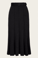 Load image into Gallery viewer, A black high-waisted pleated midi skirt with a matching waistband belt and a small rectangular buckle, shown against a plain off-white background.