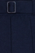 Load image into Gallery viewer, Close-up of a dark navy blue knit garment with a matching belt and a dark metal rectangular buckle.