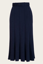 Load image into Gallery viewer, A dark navy blue pleated skirt with a matching belt, shown against a plain off-white background.