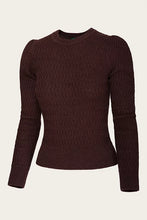 Load image into Gallery viewer, A dark brown textured knit sweater with long sleeves and a crew neck, displayed on a clean off-white background.