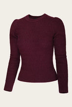 Load image into Gallery viewer, A dark brown textured knit sweater with long sleeves and a crew neck, displayed on a clean off-white background.