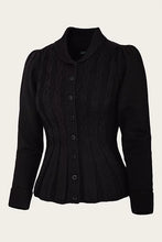 Load image into Gallery viewer, A black long-sleeve knit cardigan featuring a high mock neck, textured cable-knit pattern on the front, and decorative buttons, shown against a plain light background.