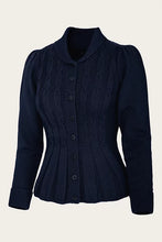 Load image into Gallery viewer, A dark navy blue cable-knit cardigan sweater with a high folded collar, button-front closure, and puffed sleeves, shown on a plain light beige background.