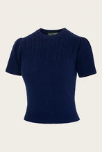Load image into Gallery viewer, A navy blue short-sleeve knit sweater with textured vertical cable-knit detailing on the chest, displayed on a neutral light beige background.