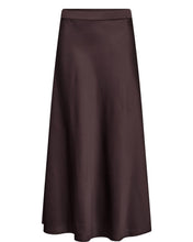 Load image into Gallery viewer, A dark brown satin midi skirt with a high waistband, shown against a plain white background.