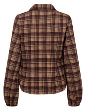 Load image into Gallery viewer, A women's long-sleeve plaid jacket shown from the back, featuring a brown and beige tartan pattern on a white background.