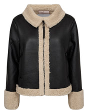 Load image into Gallery viewer, A black faux-leather jacket with beige sherpa fleece trim on the collar, front zipper, cuffs, and hem, shown against a plain white background.