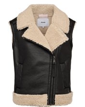 Load image into Gallery viewer, A sleeveless black faux-leather biker vest with a thick beige sherpa collar, hem, and zipper trim, shown on a plain white background. The brand label 'Niimph' is visible inside the collar.