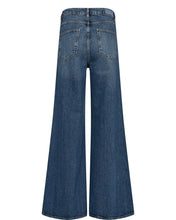 Load image into Gallery viewer, Blue wide-leg denim jeans shown from the back, featuring a classic five-pocket design and a straight-to-flared leg silhouette, on a solid white background.
