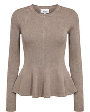 Load image into Gallery viewer, A ribbed knit long-sleeve sweater in a light taupe-beige color, featuring a crew neck and a peplum waist hem, shown on a plain white background.