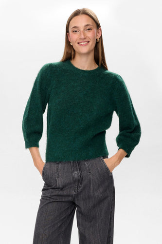 Person wearing a green sweater and dark pants on a white background