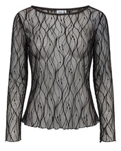 Load image into Gallery viewer, A sheer black long-sleeve top with an intricate wavy lace pattern over a light gray underlayer, shown against a plain white background.