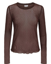 Load image into Gallery viewer, A long-sleeve sheer mesh top in dark brown with a small black polka dot pattern, shown on a plain white background.