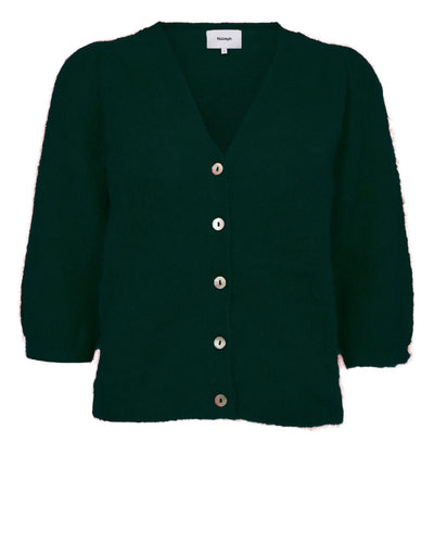 Dark green cardigan with buttons on a white background