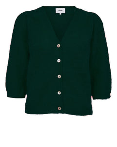 Dark green cardigan with buttons on a white background