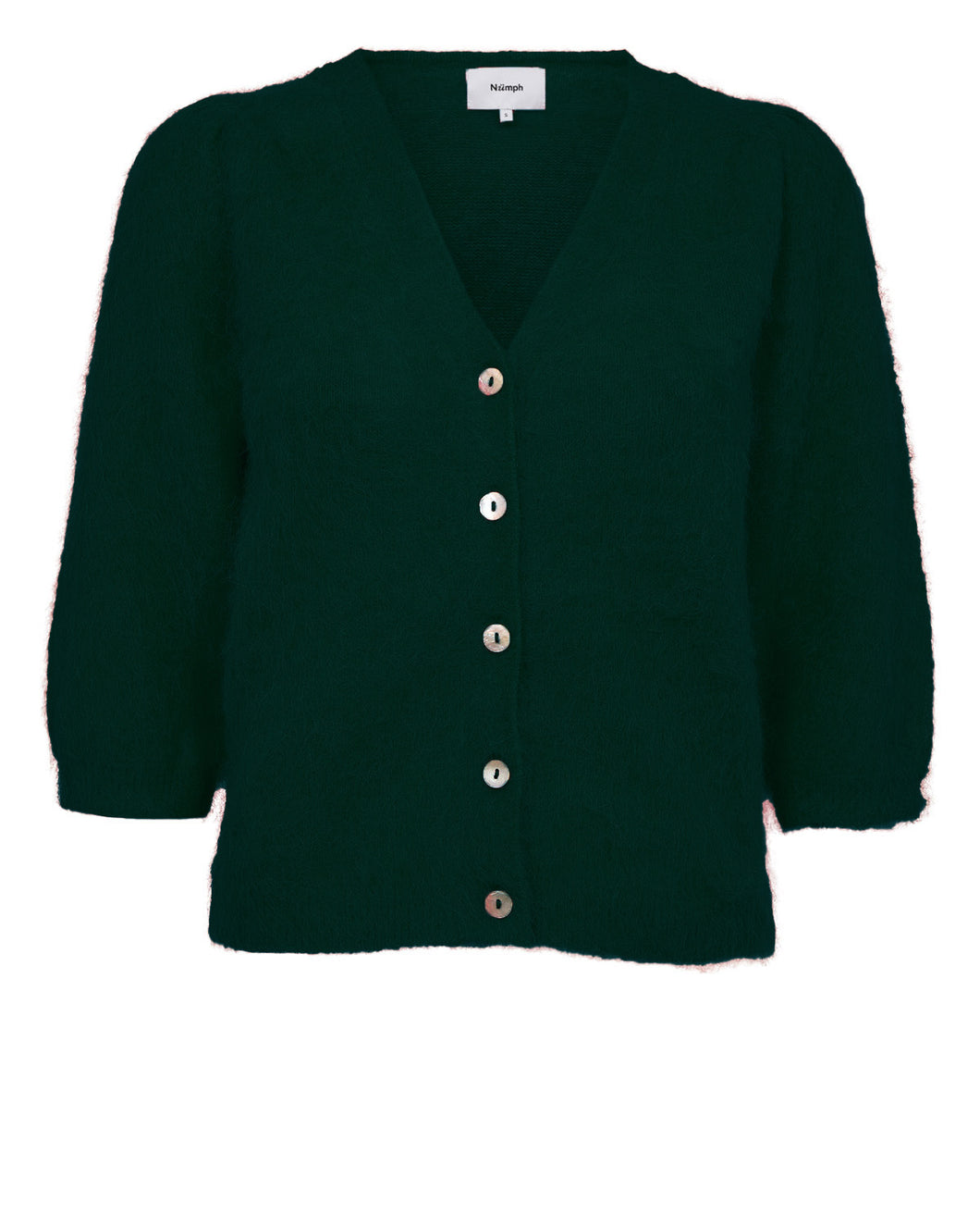 Dark green cardigan with buttons on a white background
