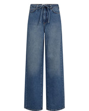Load image into Gallery viewer, Medium wash blue wide-leg denim jeans with a drawstring waistband, displayed on a clean white background.