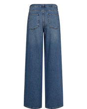 Load image into Gallery viewer, Back view of a pair of wide-leg blue denim jeans on a plain white background.