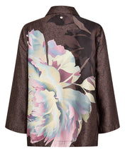 Load image into Gallery viewer, A dark brown satin-like jacket featuring a large, colorful pastel floral print on the back, with a subtle leopard-like pattern on the sleeves and shoulders.