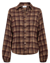Load image into Gallery viewer, A women's long-sleeve button-up shirt in a brown and beige plaid pattern, shown against a plain white background.