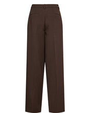 Load image into Gallery viewer, A pair of dark brown wide-leg trousers shown from the back, featuring a flat waistband, belt loops, and two welt back pockets, set against a plain white background.