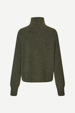 Load image into Gallery viewer, An olive green knit turtleneck sweater shown from the back, displayed on a clean, light off-white background.