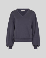 Load image into Gallery viewer, A dark slate bluegray V-neck sweatshirt with long balloon sleeves and ribbed cuffs, displayed on a neutral light gray background.