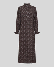 Load image into Gallery viewer, A long-sleeve collared maxi dress with a dense small-scale floral print in dark brown and white, shown against a solid light gray background.