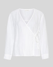 Load image into Gallery viewer, White blouse with a V-neck and long sleeves on a gray background